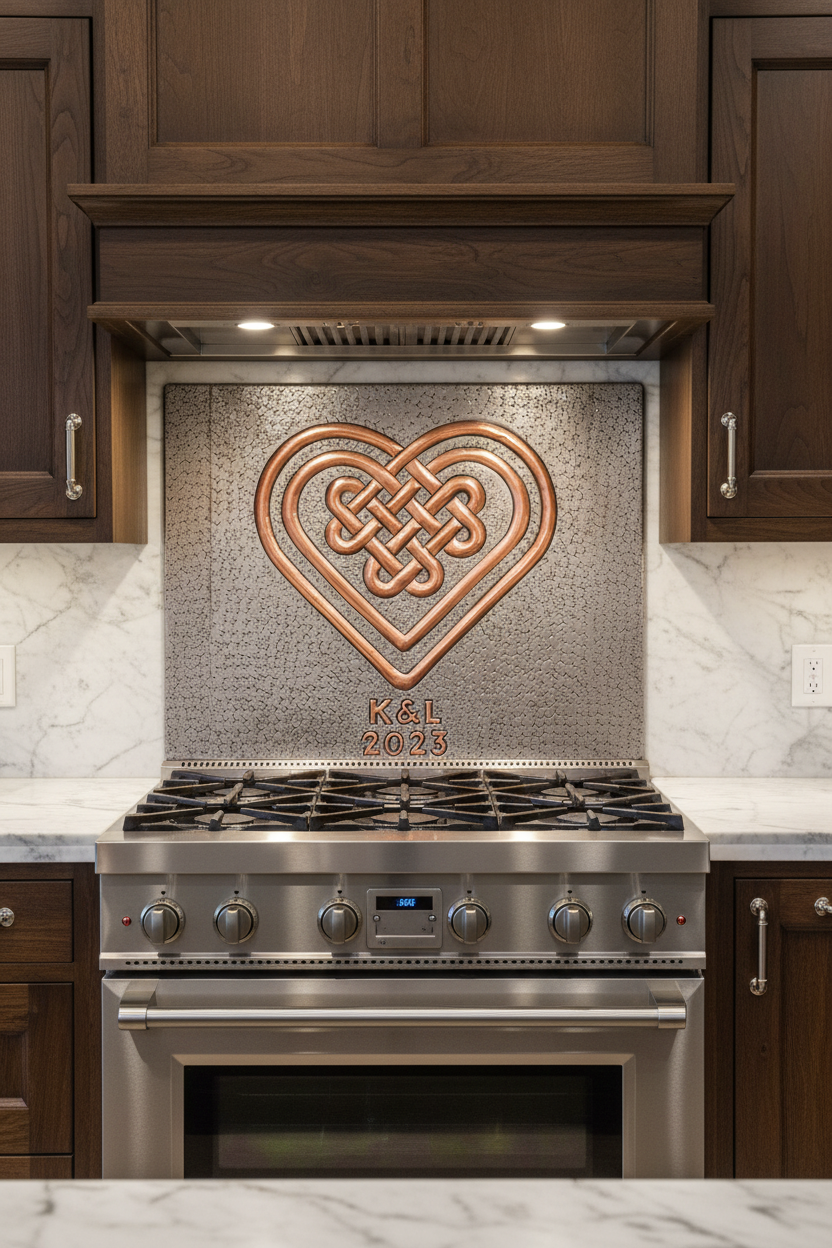 Copper Backsplash Celtic Heart Love Knot Gray Copper - close front view