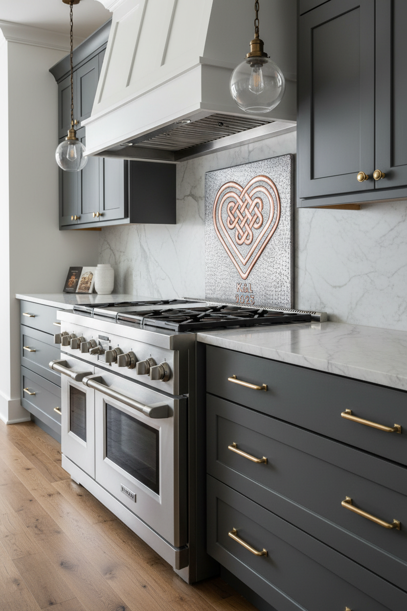 Copper Backsplash Celtic Heart Love Knot Gray Copper - close right angle