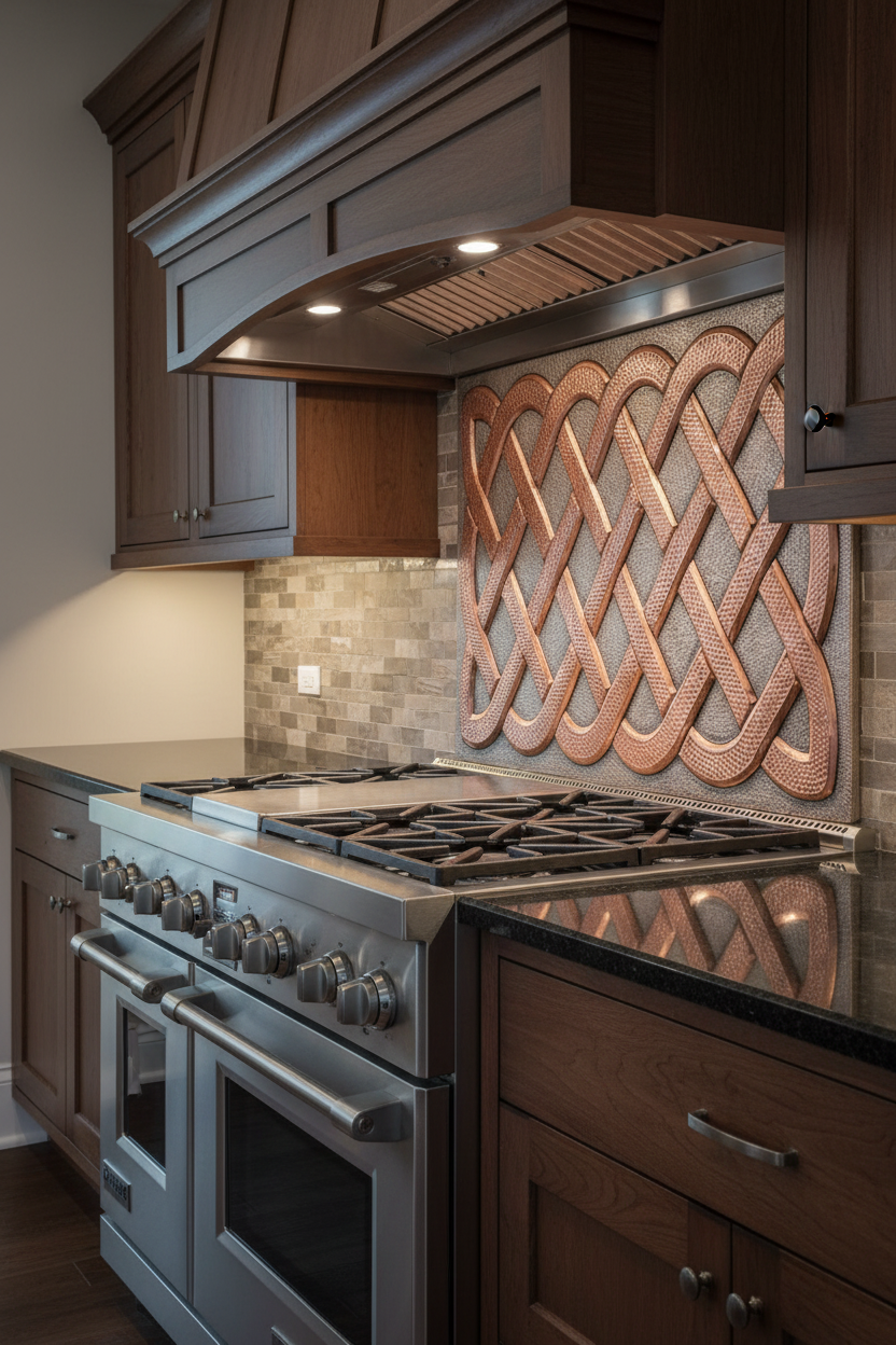 Copper Backsplash Celtic Sailors Knot - closer view modern kitchen