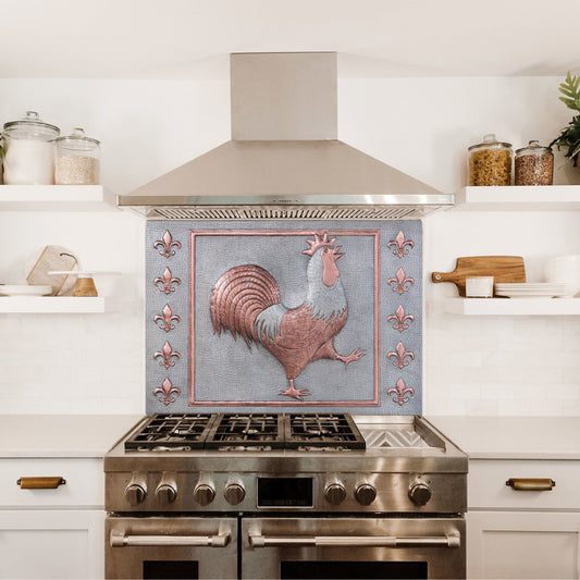 Rooster and Fleur de Lys Copper Kitchen Backsplash