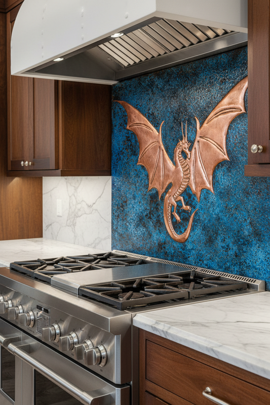 Copper Backsplash Dragon Blue Patina - closer view luxury kitchen