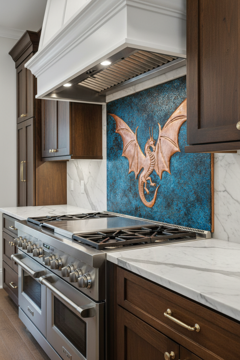 Copper Backsplash Dragon Blue Patina - closer view modern kitchen