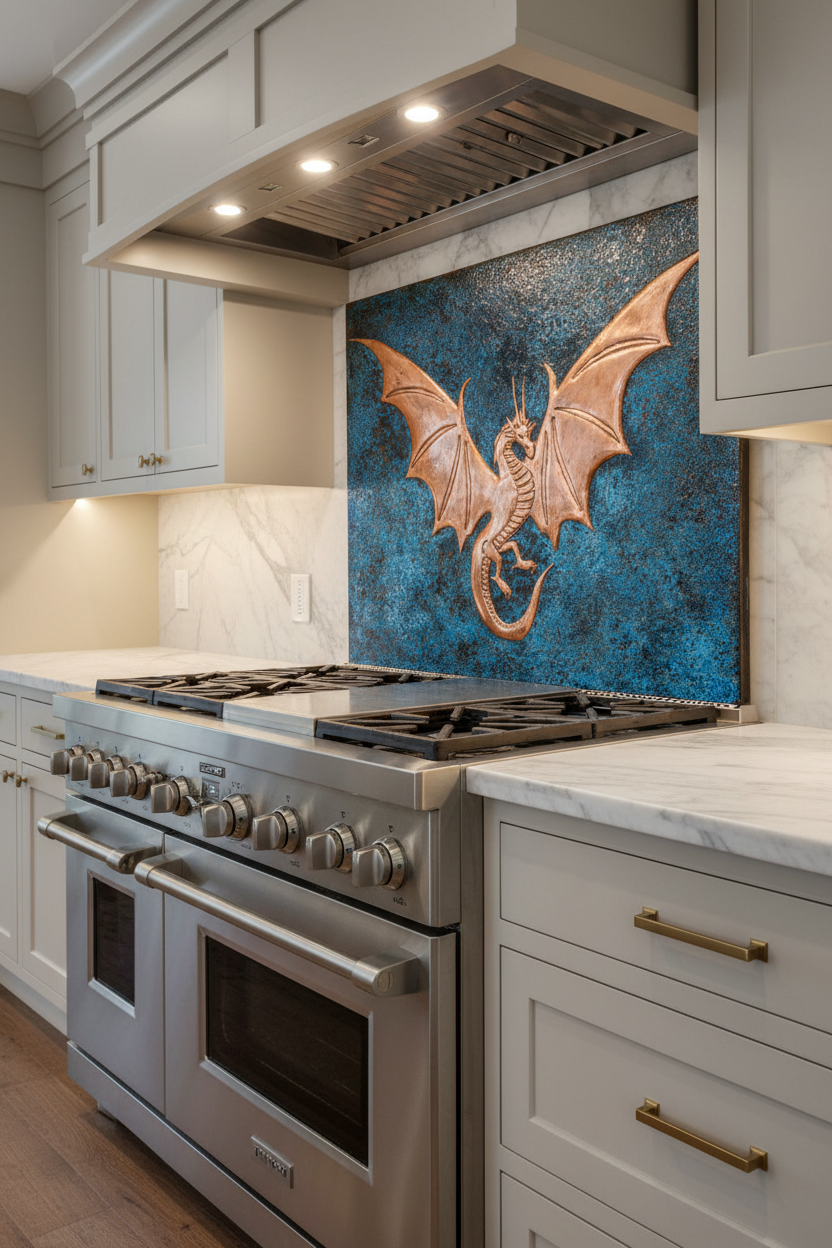 Copper Backsplash Dragon Blue Patina - closer view transitional kitchen