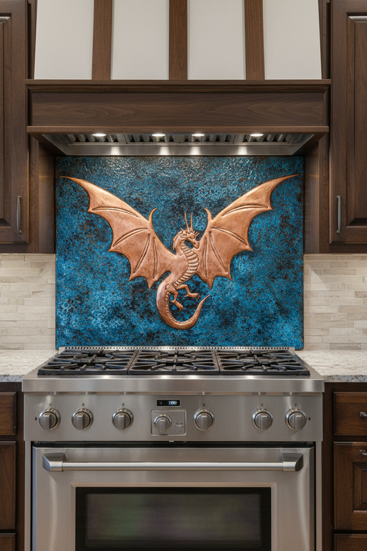 Copper Backsplash Dragon Blue Patina - front view