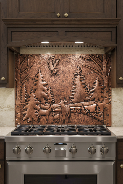 Copper Backsplash Eagle Deer Forest Landscape - close front view