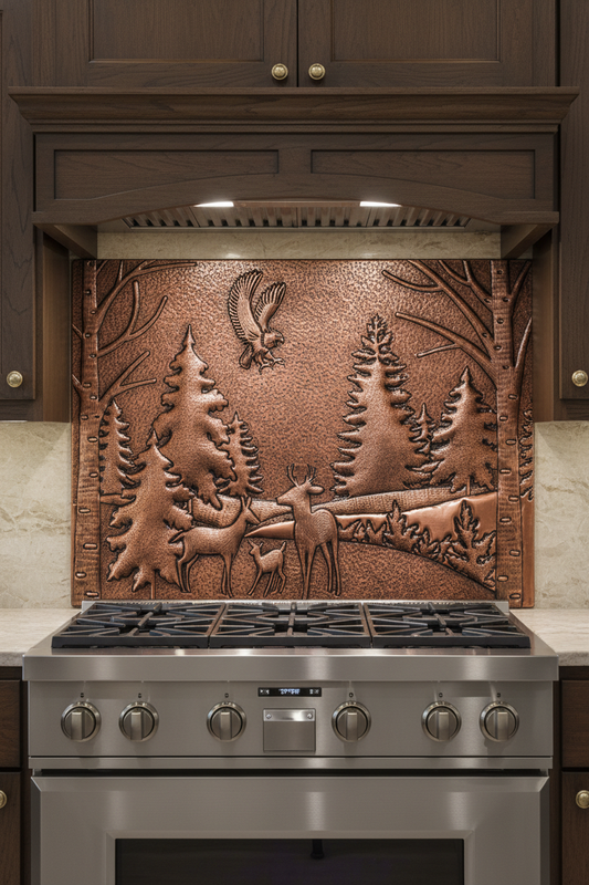 Copper Backsplash Eagle Deer Forest Landscape - close front view