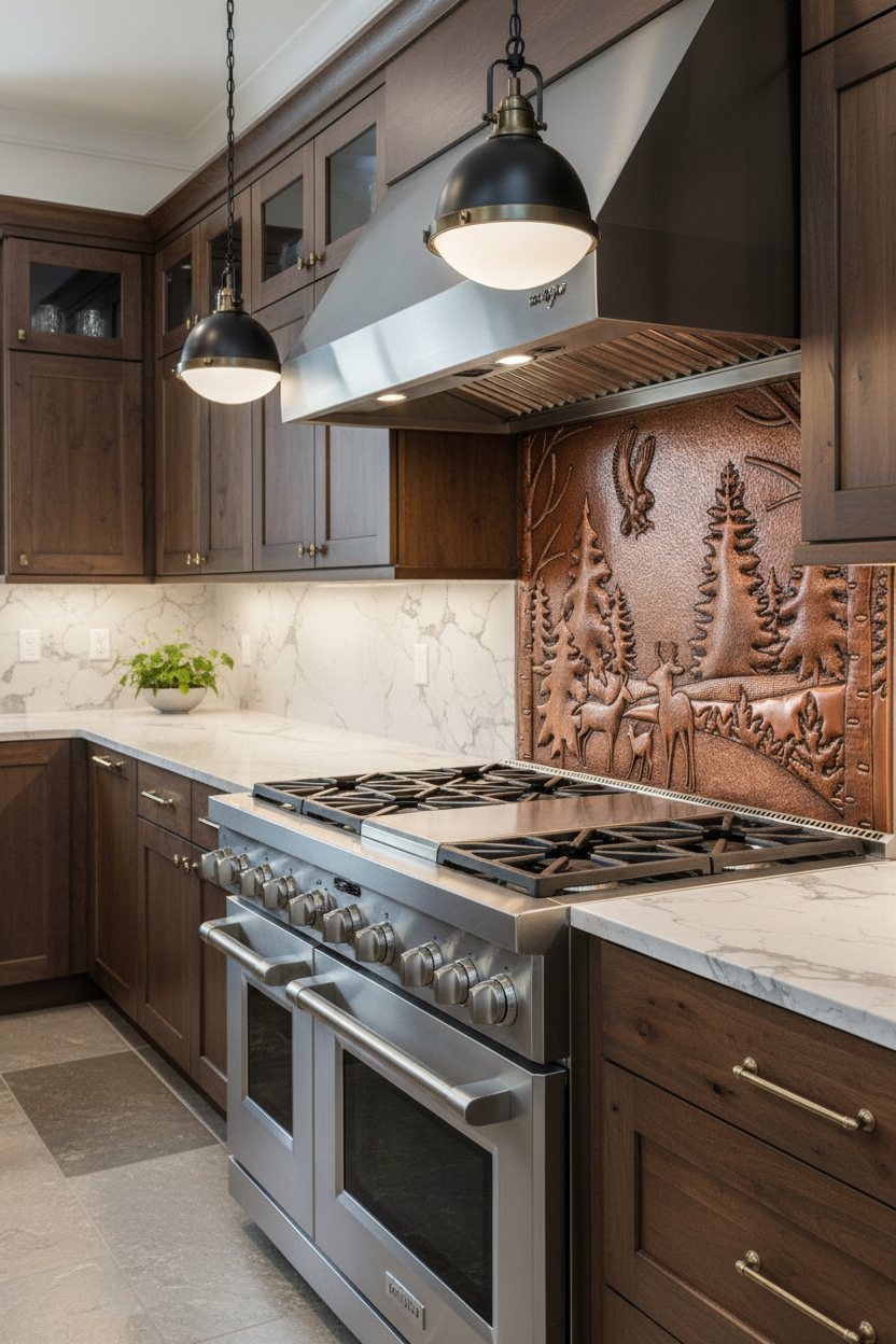 Copper Backsplash Eagle Deer Forest Landscape - close left angle