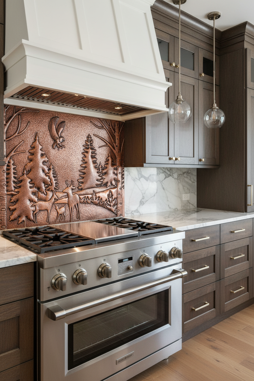 Copper Backsplash Eagle Deer Forest Landscape - close right angle