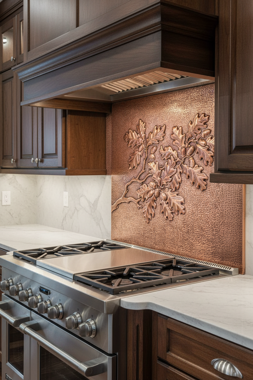 Copper Backsplash Oak Tree Branches Acorns - closer view luxury kitchen