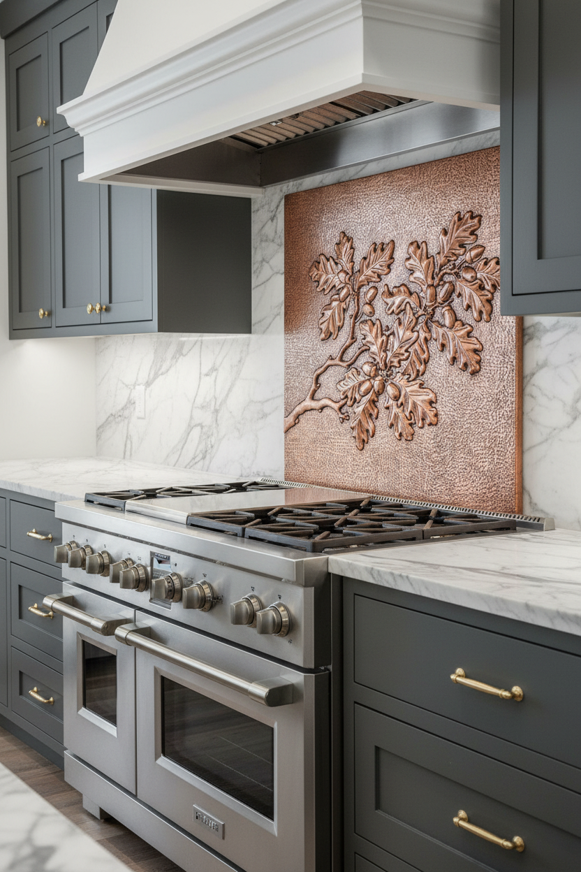 Copper Backsplash Oak Tree Branches Acorns - closer view transitional kitchen