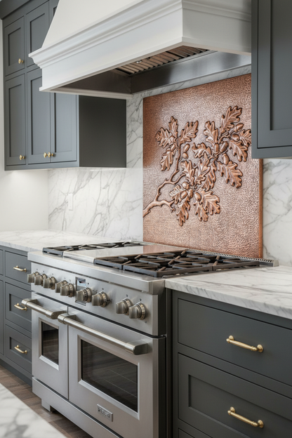 Copper Backsplash Oak Tree Branches Acorns - closer view transitional kitchen