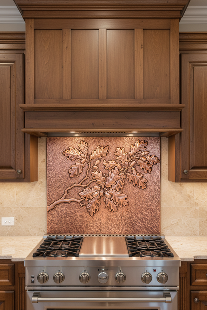 Copper Backsplash Oak Tree Branches Acorns - front view