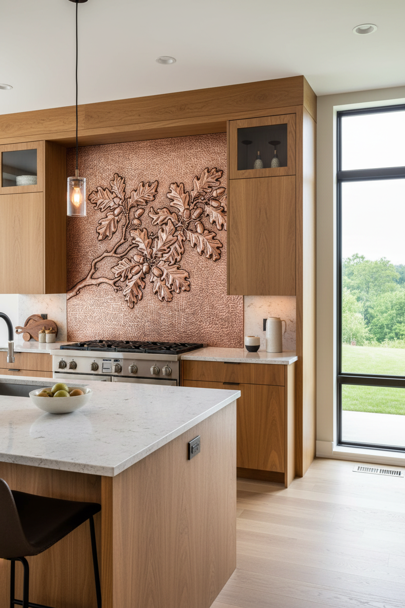Copper Backsplash Oak Tree Branches Acorns - organic modern kitchen