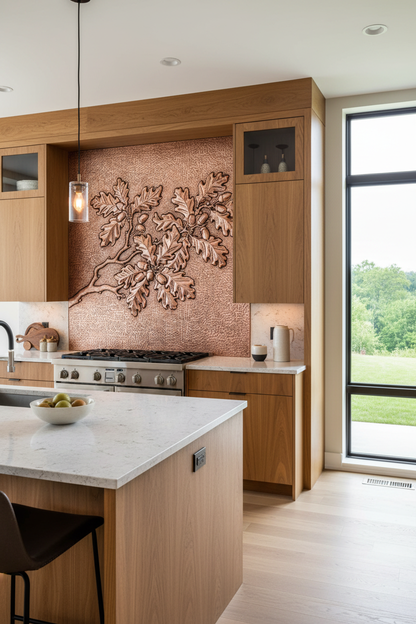 Copper Backsplash Oak Tree Branches Acorns - organic modern kitchen