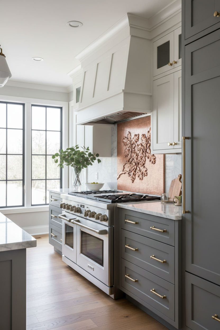 Copper Backsplash Oak Tree Branches Acorns - transitional kitchen