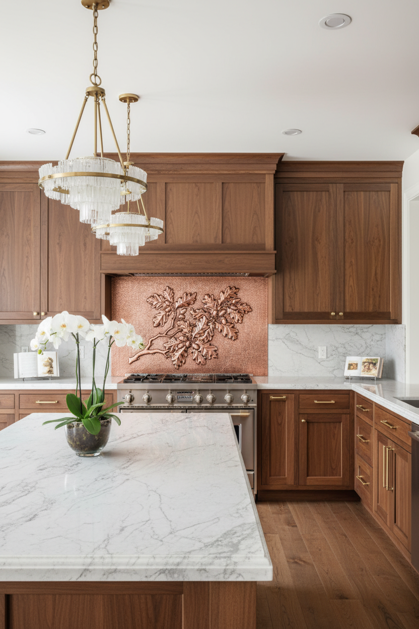 Copper Backsplash Oak Tree Branches Acorns - ultra-luxury kitchen