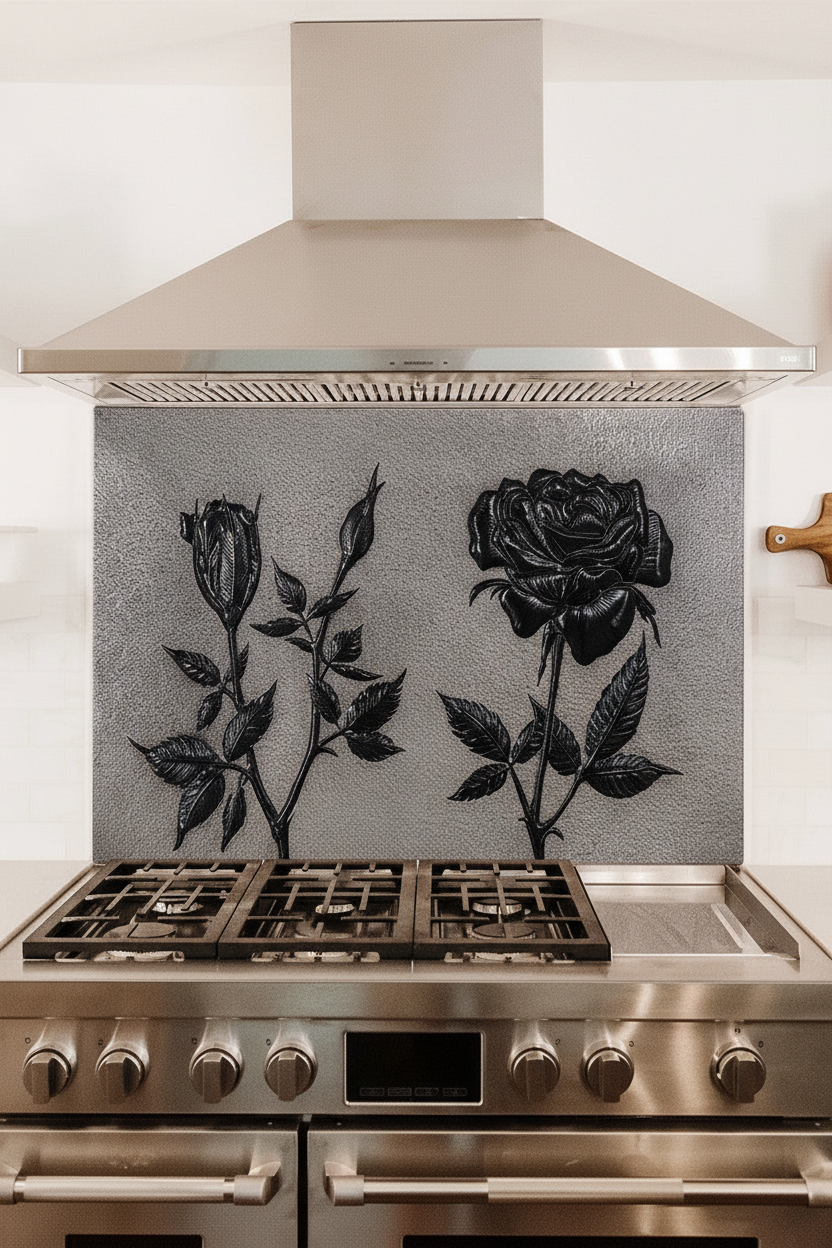 Copper Backsplash Rose Flowers Gray Black - close-up front view