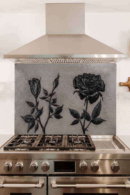 Copper Backsplash Rose Flowers Gray Black - close-up front view