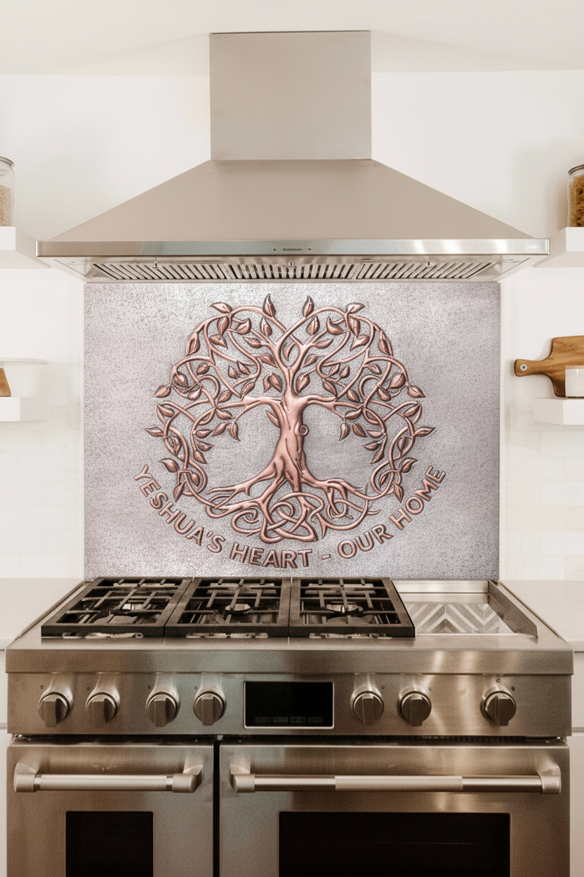 Copper Backsplash Sacred Tree Celtic Border - close-up front view