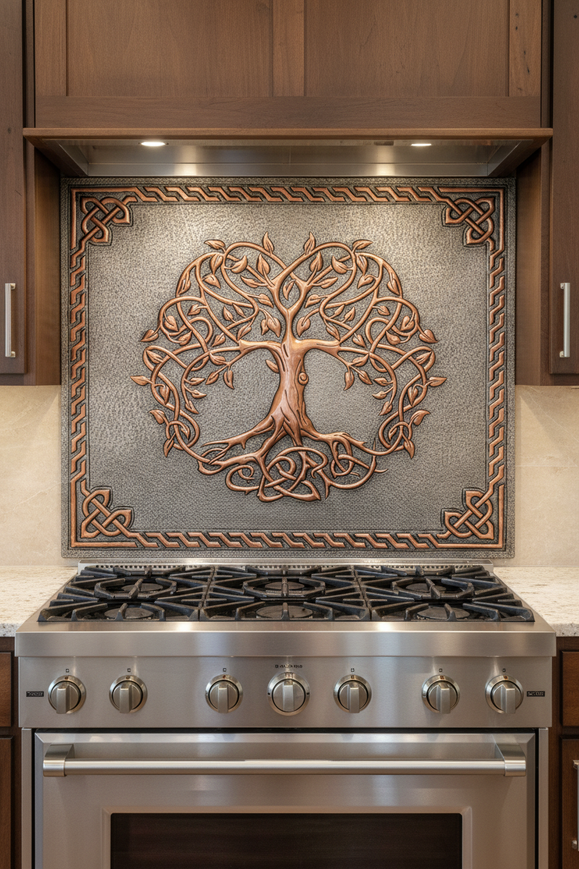 Copper Backsplash Sacred Tree Celtic Border - close-up front view
