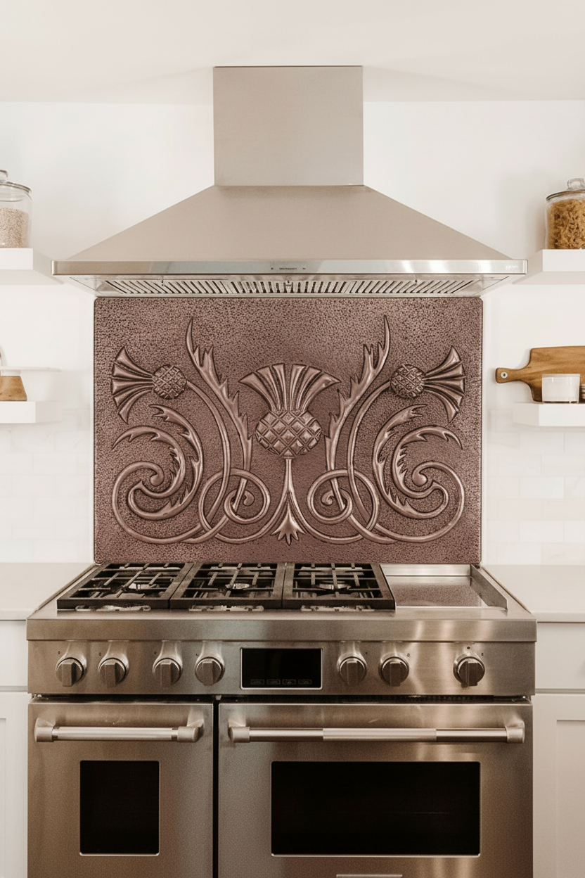 Copper Backsplash Scottish Thistle - close-up front view