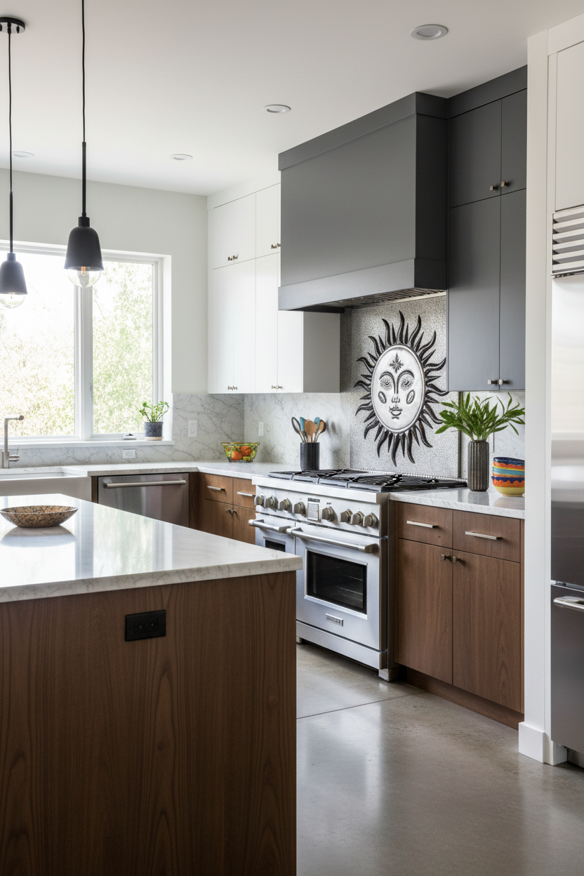 Copper Backsplash Sun with Face - eclectic kitchen