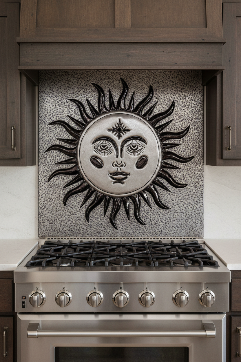 Copper Backsplash Sun with Face Gray Black - oversized close-up