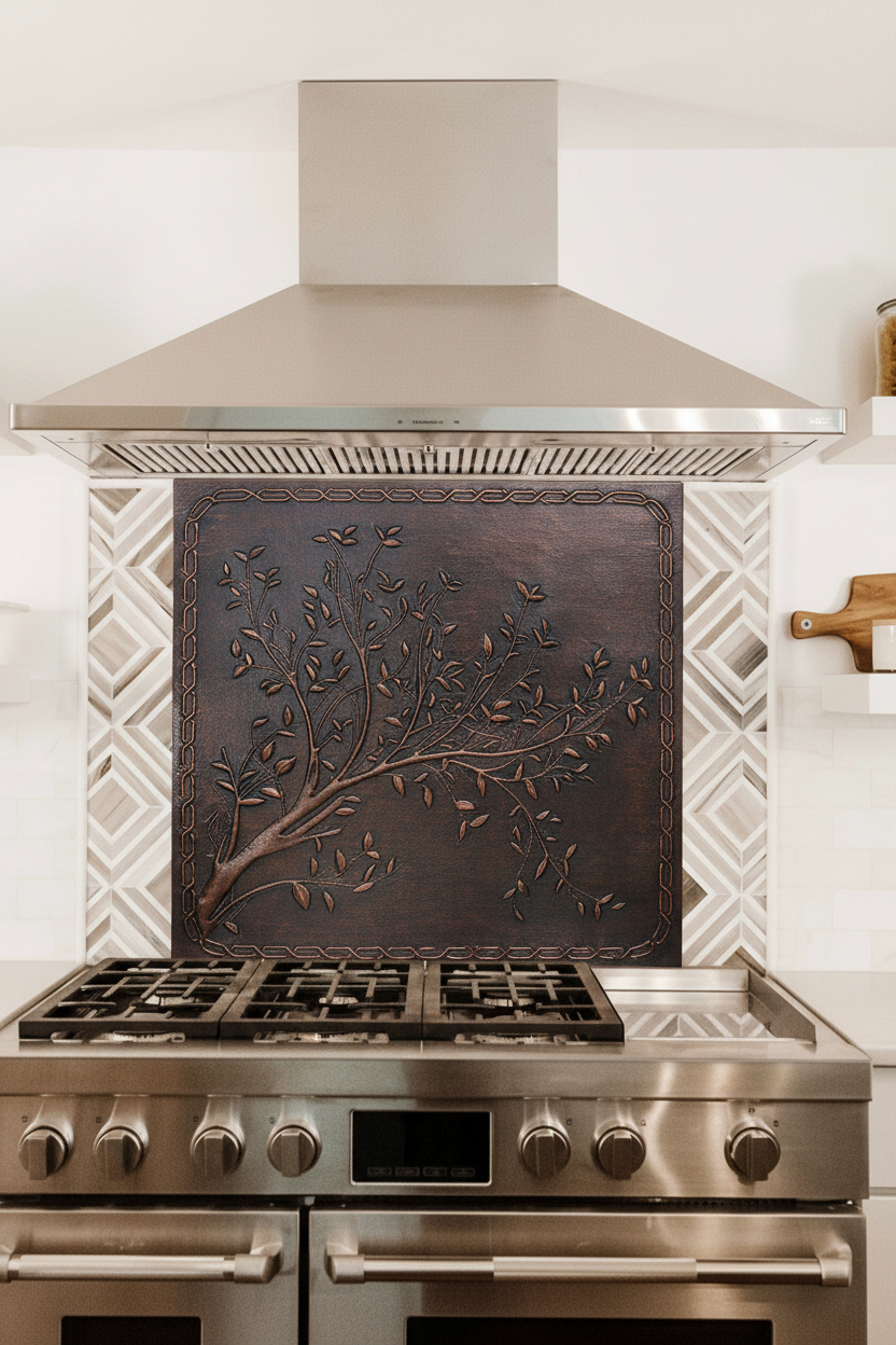 Copper Backsplash Tree Branches Chain Border - close-up front view