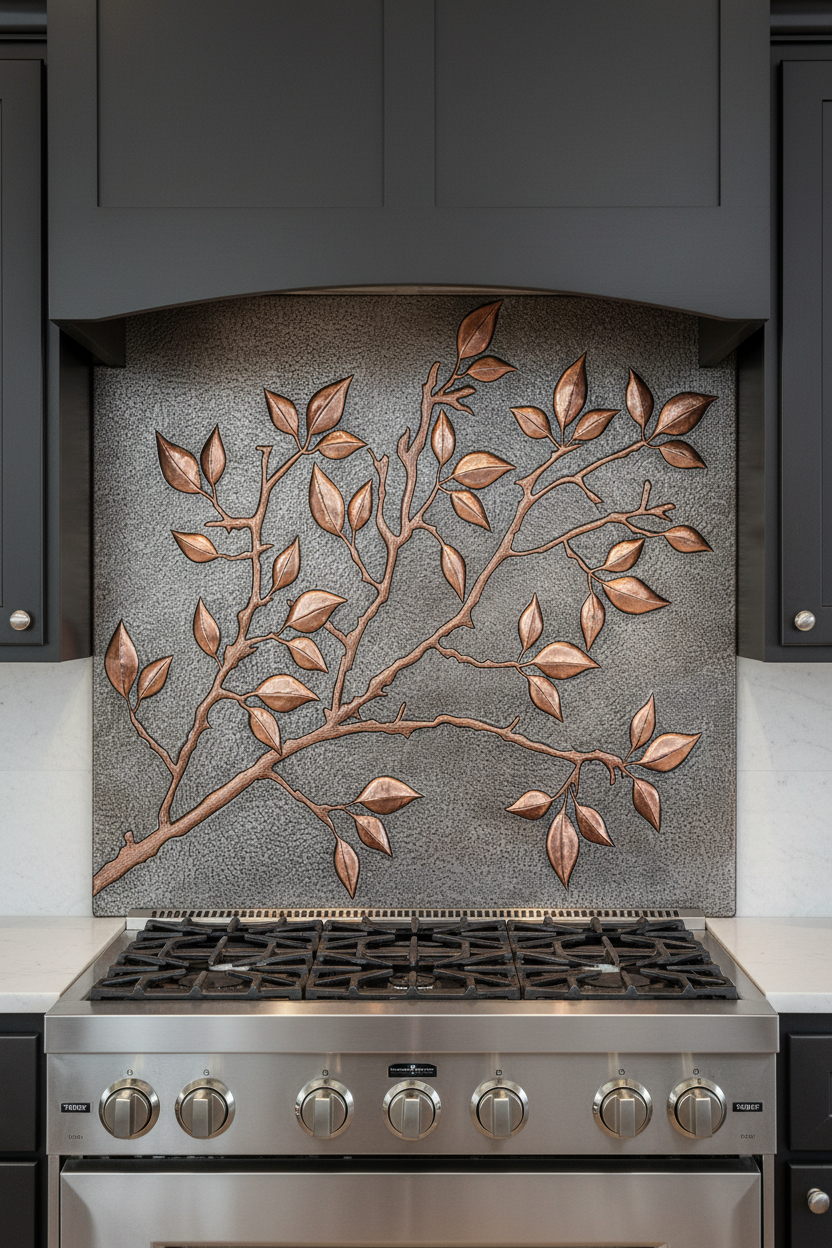 Copper Backsplash Tree Branches Leaves Gray Copper - close-up front view