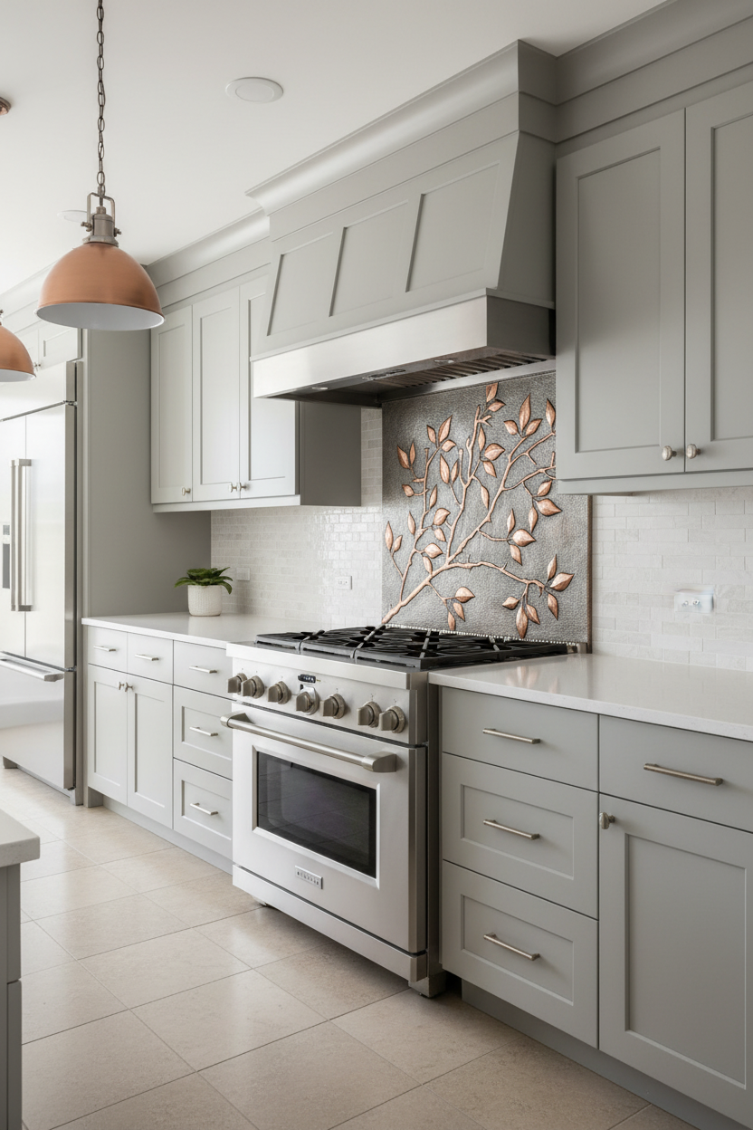 Copper Backsplash Tree Branches Leaves - transitional kitchen