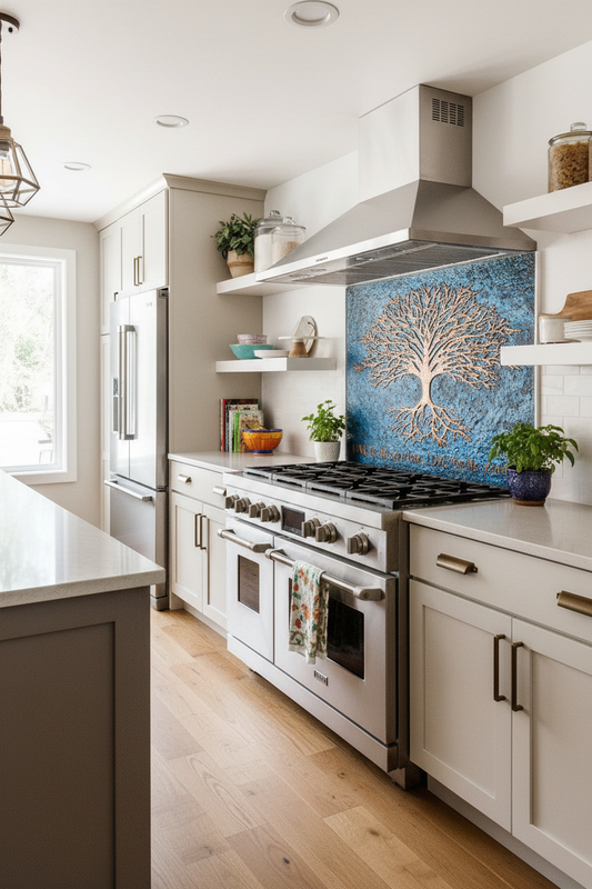 Copper Backsplash Tree with Roots Blue Patina - eclectic kitchen