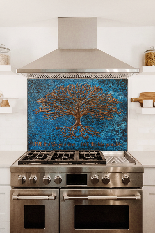 Copper Backsplash Tree with Roots Blue Patina - oversized close-up
