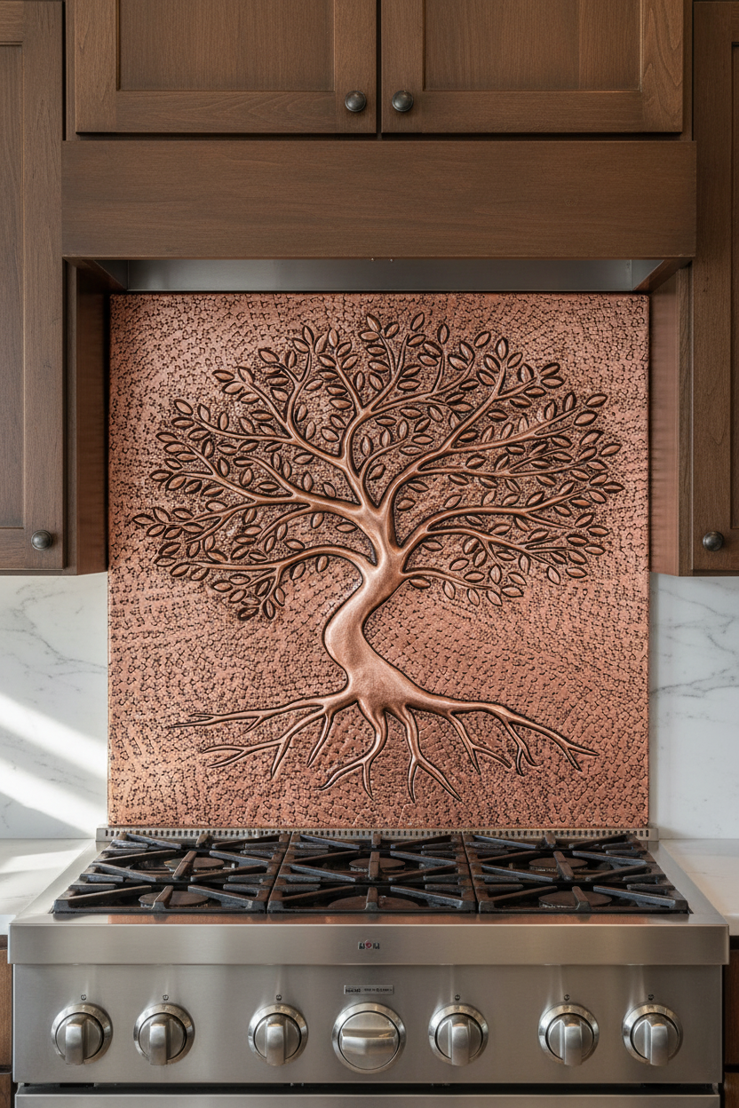 Copper Backsplash Tree with Roots - close-up front view