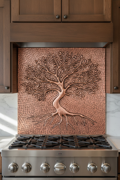 Copper Backsplash Tree with Roots - close-up front view