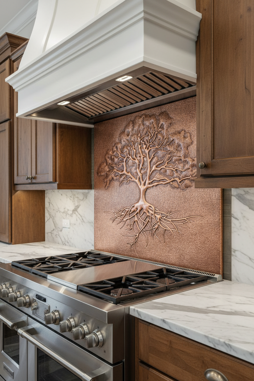 Copper Backsplash Tree with Roots - closer view luxury kitchen