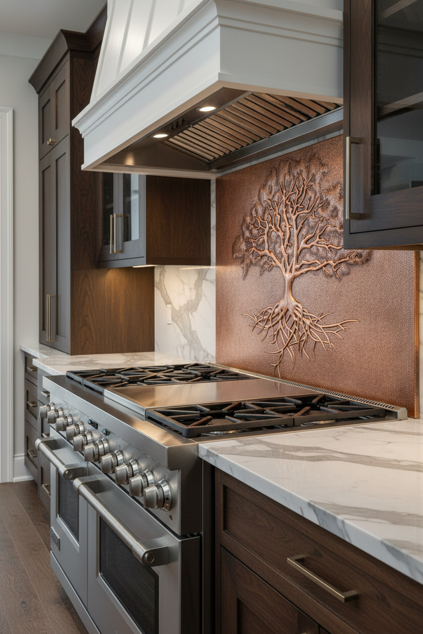 Copper Backsplash Tree with Roots - closer view modern kitchen