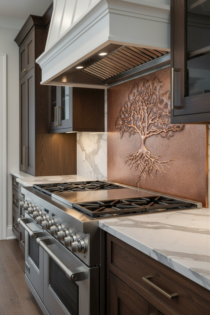 Copper Backsplash Tree with Roots - closer view modern kitchen