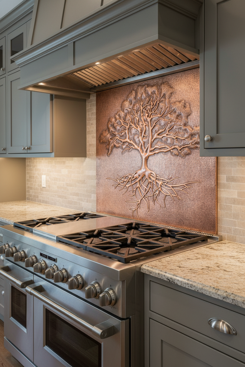 Copper Backsplash Tree with Roots - closer view transitional kitchen