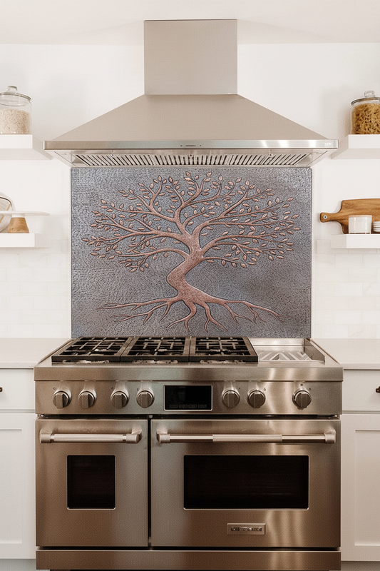 Copper Backsplash Tree with Roots Gray Copper - close-up front view
