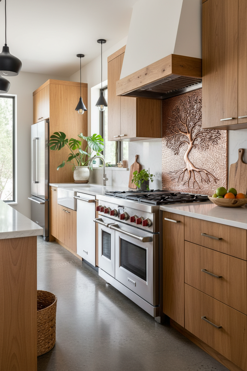Copper Backsplash Tree with Roots - organic modern kitchen