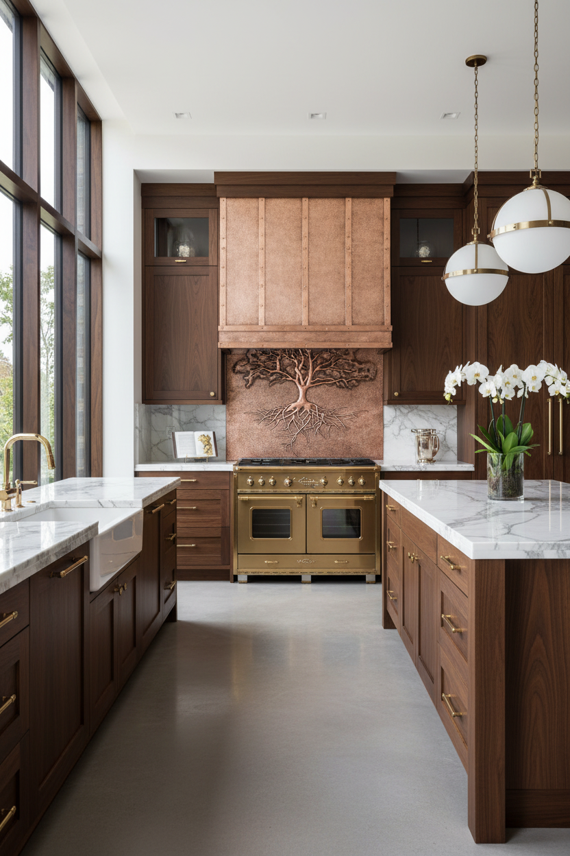 Copper Backsplash Tree with Roots - ultra-luxury designer kitchen