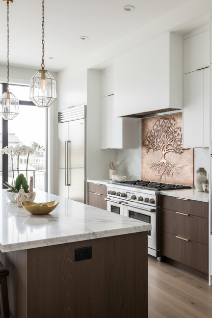 Copper Backsplash Tree with Roots - ultra-luxury modern kitchen