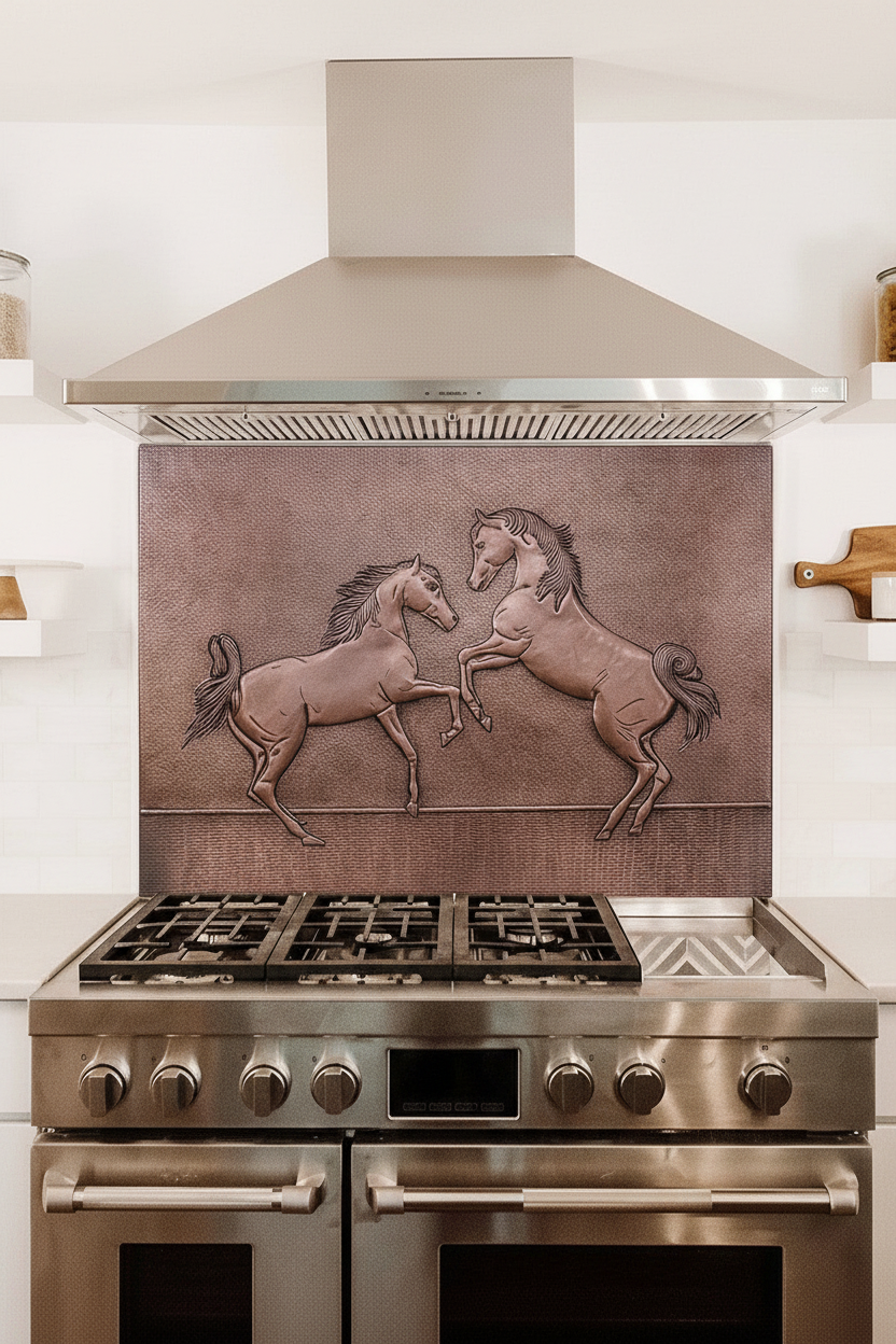Copper Backsplash Two Rearing Horses - oversized close-up