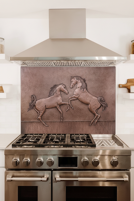 Copper Backsplash Two Rearing Horses - oversized close-up