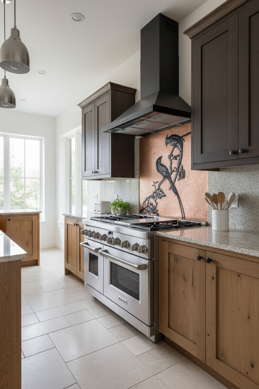 Copper Backsplash Woodpecker Birds - modern rustic kitchen