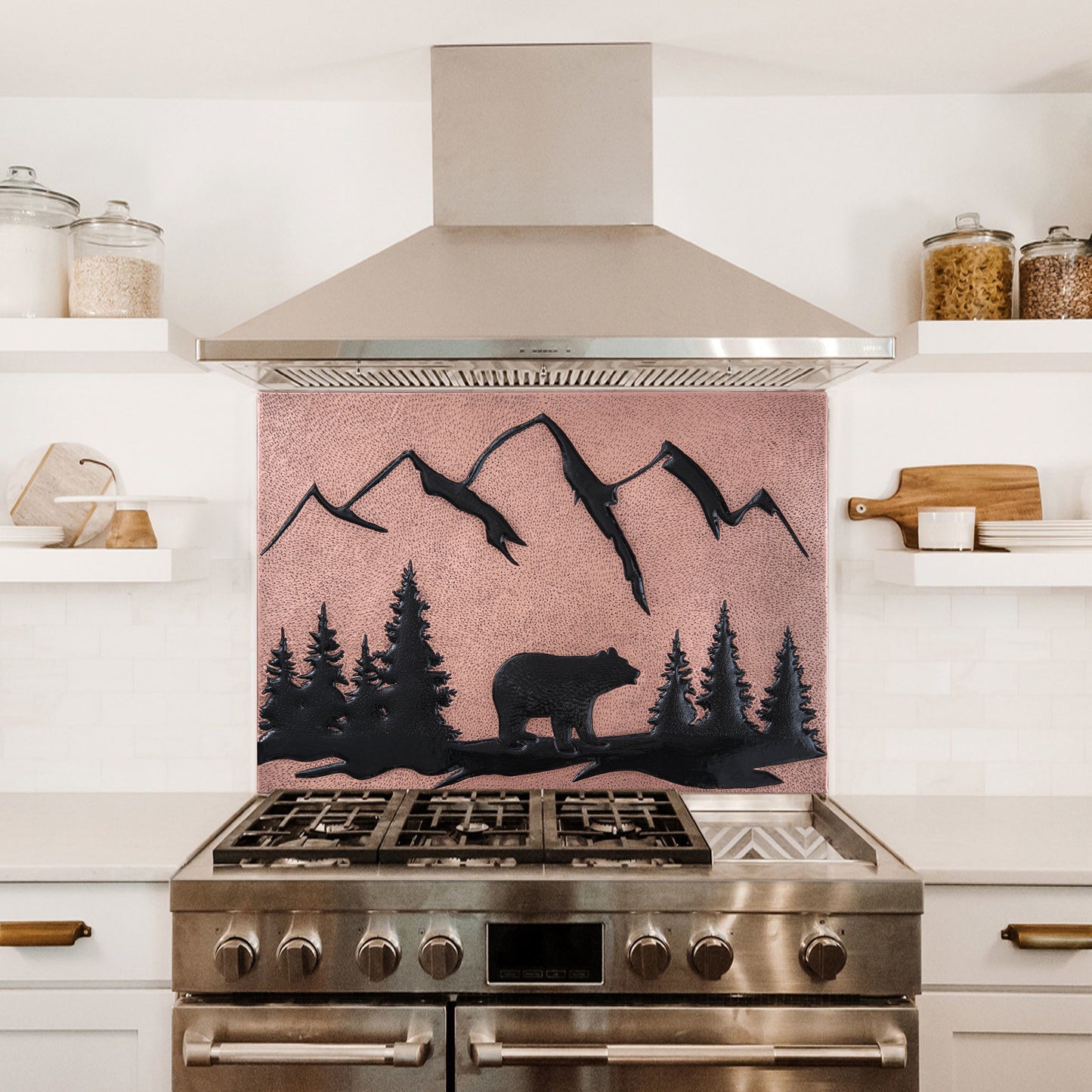 Carrelage pour crédence de cuisine bohème – Ours cuivré dans la nature – Cuivre et noir