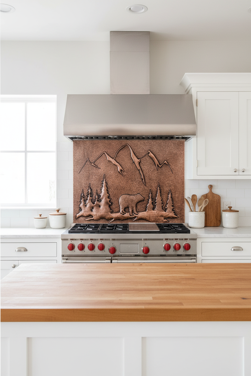 Copper bear backsplash installed in modern farmhouse kitchen 48-60 inches