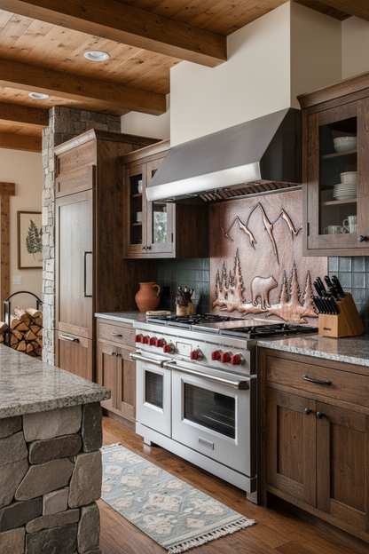 Copper bear backsplash installed in mountain lodge kitchen 50-62 inches