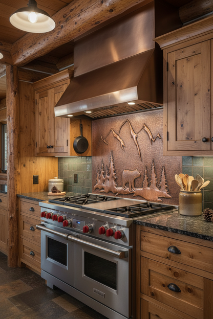 Copper bear backsplash installed in rustic cabin kitchen 48-60 inches
