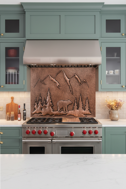 Copper bear backsplash installed in transitional kitchen 48-60 inches